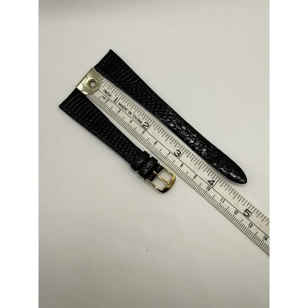 16mm KREISLER Genuine Lizard Black NOS Vintage Watch Band & Gold Buckle
